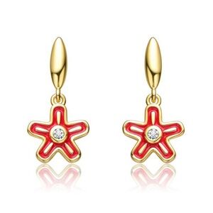 Guili Kids 14k Gold Plated Red Enamel Dangle Star Flower Earrings
